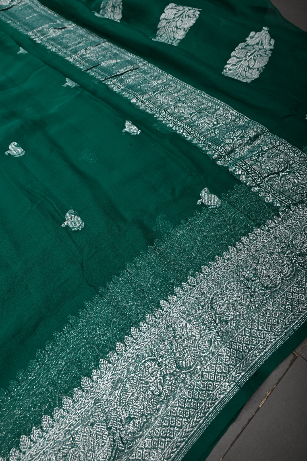 Teal Green Pure Chiffon Silk Saree with Silver tone Zari Buttas and Border | SILK MARK CERTIFIED | SHOBITAM