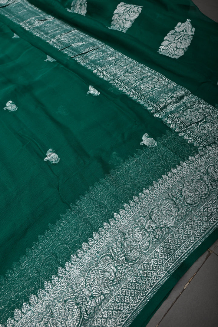 Teal Green Pure Chiffon Silk Saree with Silver tone Zari Buttas and Border | SILK MARK CERTIFIED | SHOBITAM