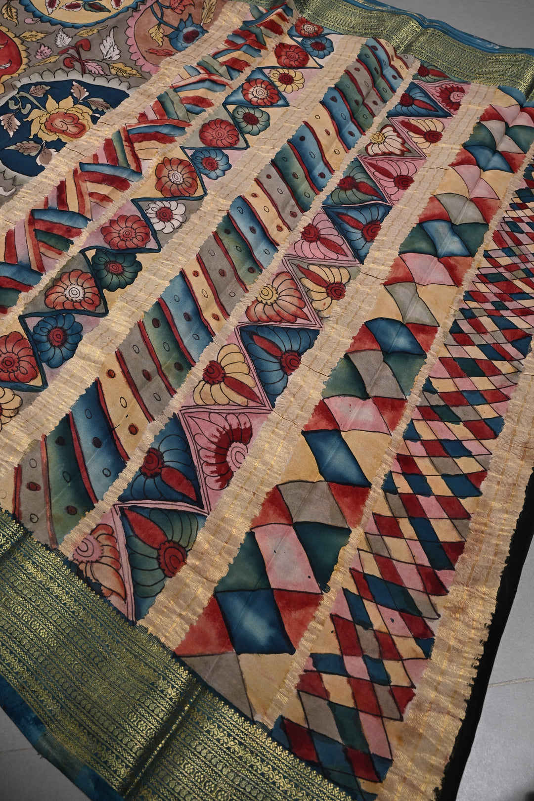 Floral Theme : Authentic Pen Kalamkari Handpainted  on Mysore Silk Saree with Contrast Zari Border | SILK MARK CERTIFIED | SHOBITAM