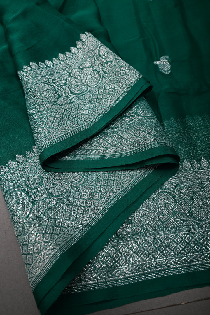 Teal Green Pure Chiffon Silk Saree with Silver tone Zari Buttas and Border | SILK MARK CERTIFIED | SHOBITAM