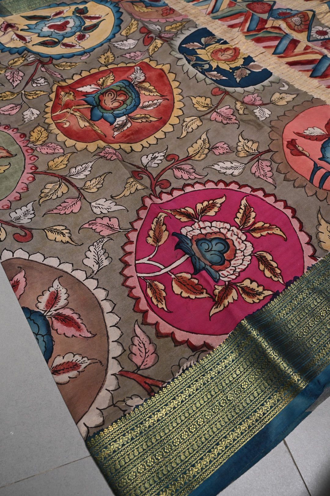Floral Theme : Authentic Pen Kalamkari Handpainted  on Mysore Silk Saree with Contrast Zari Border | SILK MARK CERTIFIED | SHOBITAM