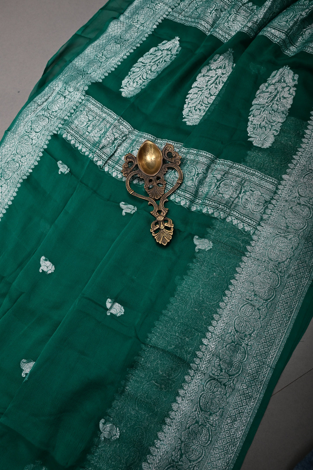 Teal Green Pure Chiffon Silk Saree with Silver tone Zari Buttas and Border | SILK MARK CERTIFIED | SHOBITAM