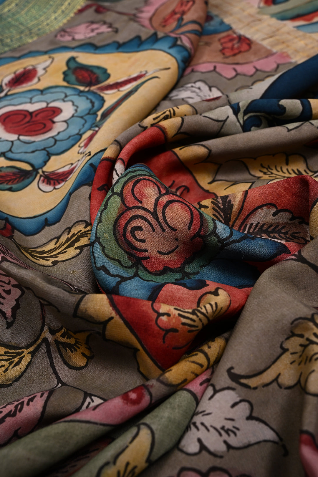 Floral Theme : Authentic Pen Kalamkari Handpainted  on Mysore Silk Saree with Contrast Zari Border | SILK MARK CERTIFIED | SHOBITAM