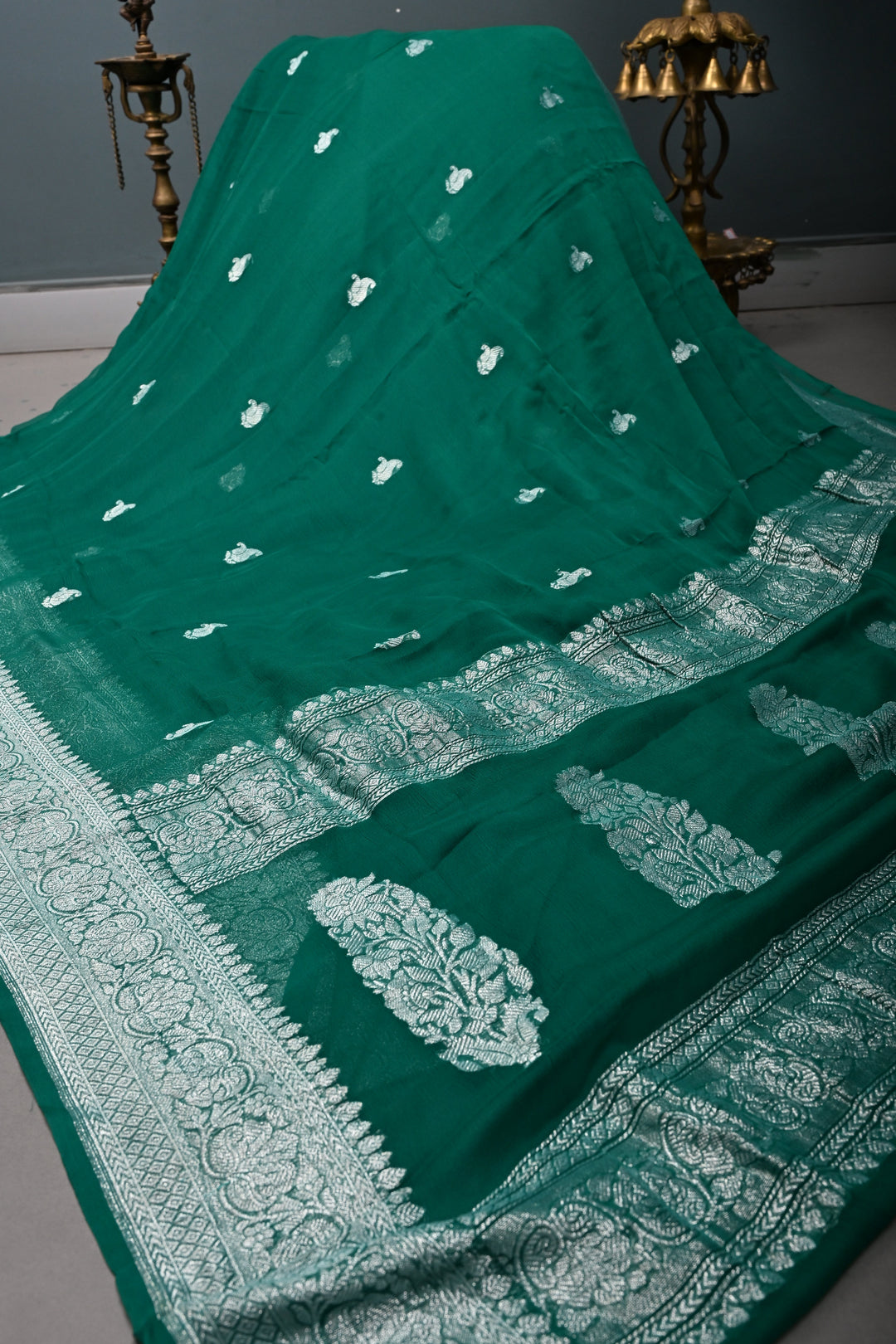 Teal Green Pure Chiffon Silk Saree with Silver tone Zari Buttas and Border | SILK MARK CERTIFIED | SHOBITAM