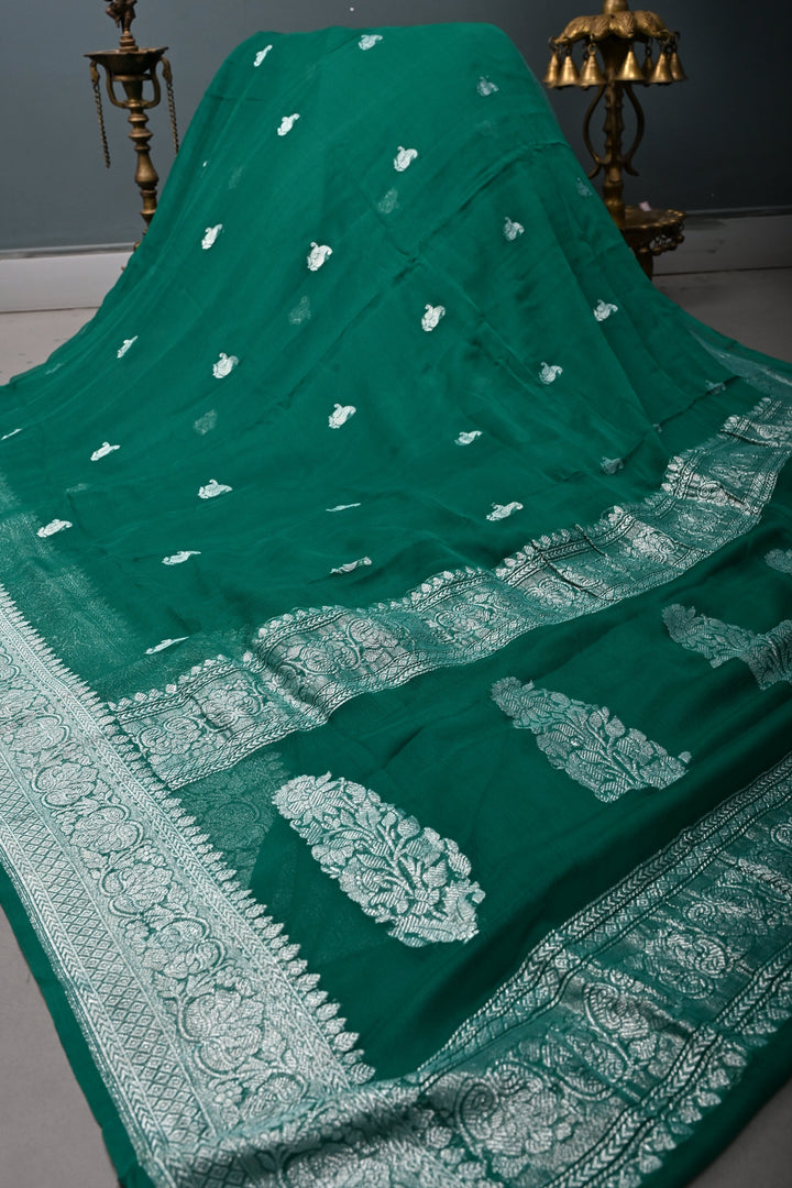 Teal Green Pure Chiffon Silk Saree with Silver tone Zari Buttas and Border | SILK MARK CERTIFIED | SHOBITAM