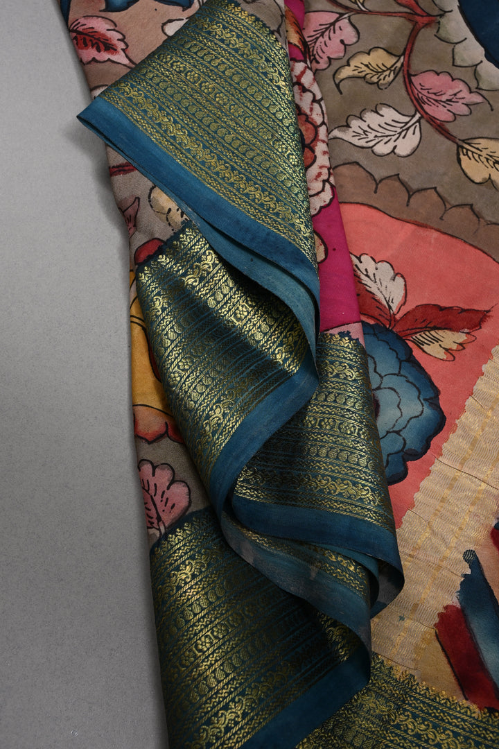 Floral Theme : Authentic Pen Kalamkari Handpainted  on Mysore Silk Saree with Contrast Zari Border | SILK MARK CERTIFIED | SHOBITAM