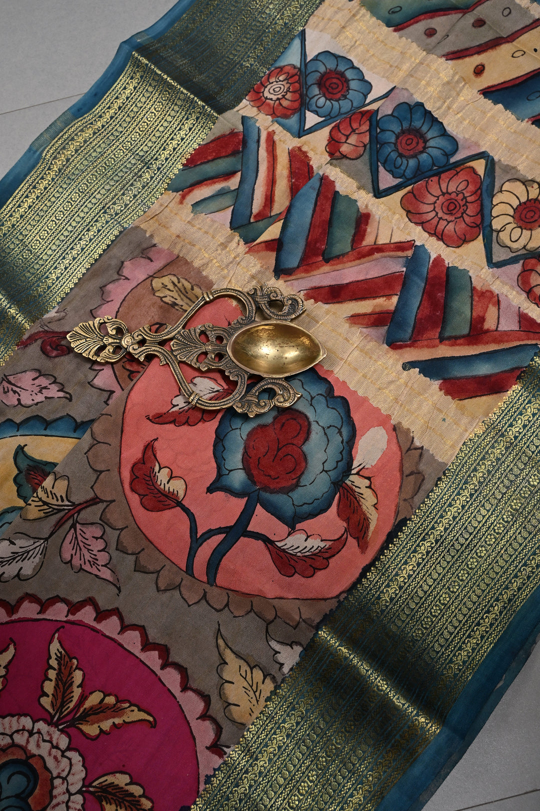 Floral Theme : Authentic Pen Kalamkari Handpainted  on Mysore Silk Saree with Contrast Zari Border | SILK MARK CERTIFIED | SHOBITAM