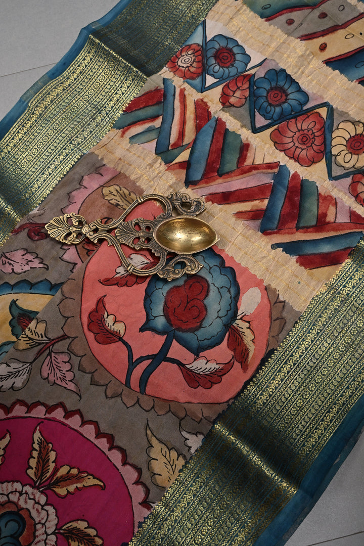 Floral Theme : Authentic Pen Kalamkari Handpainted  on Mysore Silk Saree with Contrast Zari Border | SILK MARK CERTIFIED | SHOBITAM