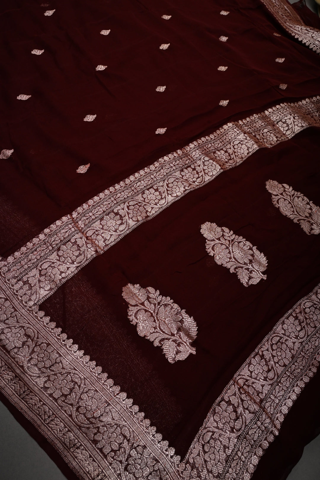 Chocolate Brown Pure Chiffon Silk Saree with Zari Buttas and Zari Border | SILK MARK CERTIFIED | SHOBITAM