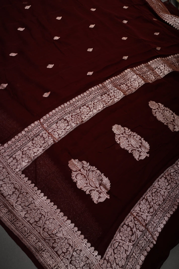 Chocolate Brown Pure Chiffon Silk Saree with Zari Buttas and Zari Border | SILK MARK CERTIFIED | SHOBITAM