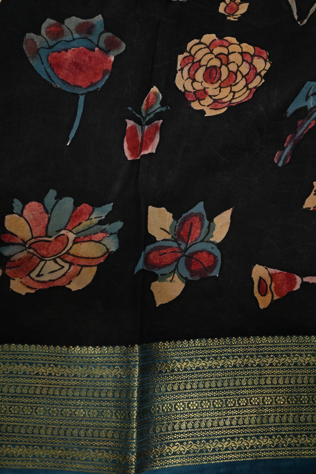 Floral Theme : Authentic Pen Kalamkari Handpainted  on Mysore Silk Saree with Contrast Zari Border | SILK MARK CERTIFIED | SHOBITAM