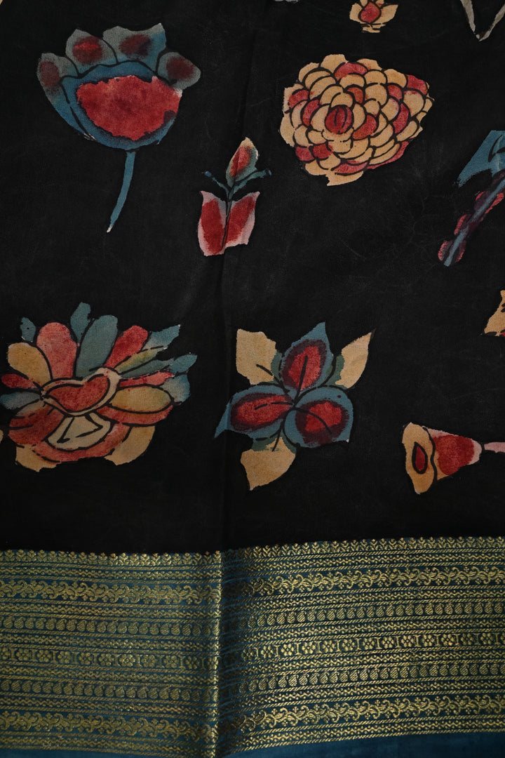 Floral Theme : Authentic Pen Kalamkari Handpainted  on Mysore Silk Saree with Contrast Zari Border | SILK MARK CERTIFIED | SHOBITAM