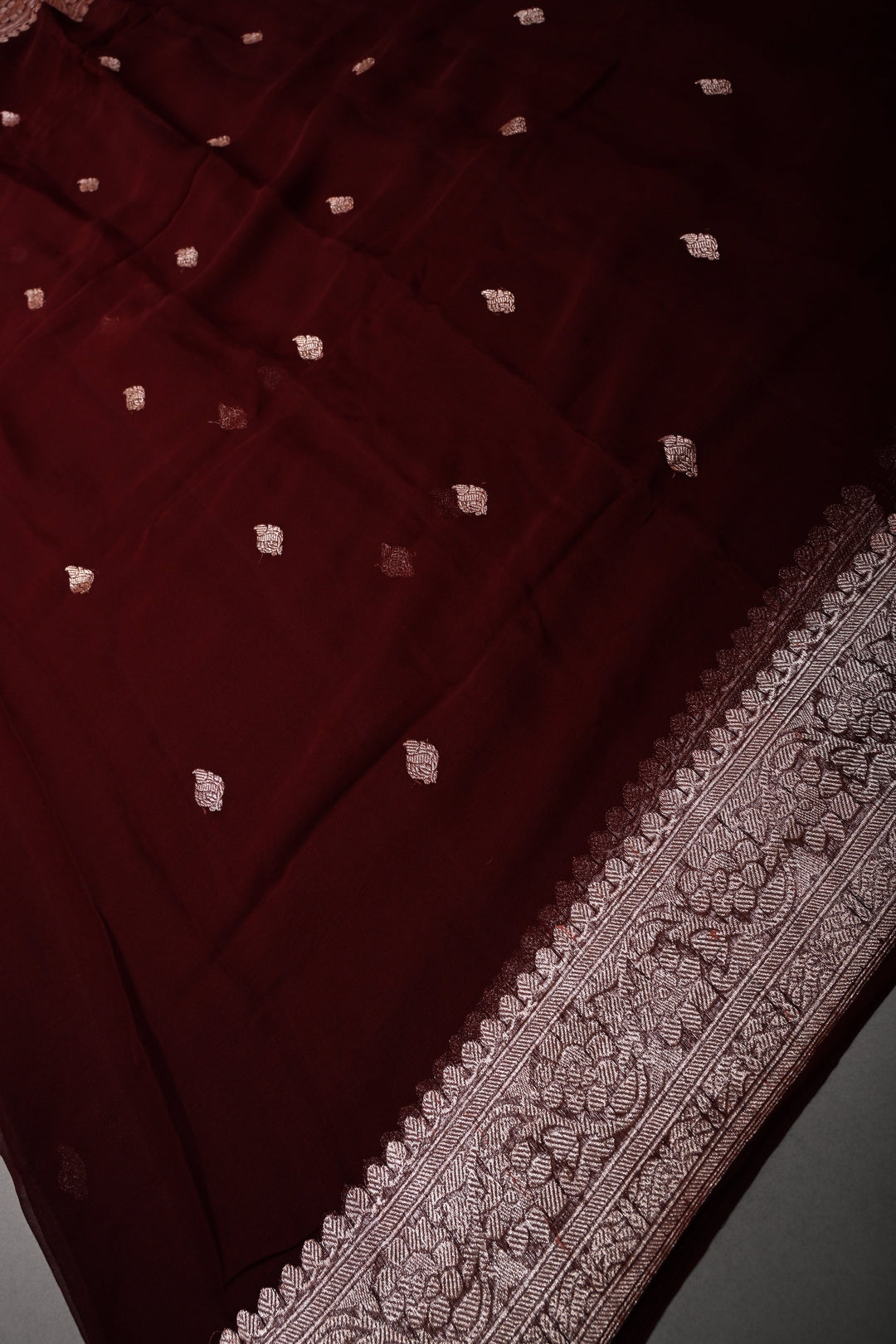 Chocolate Brown Pure Chiffon Silk Saree with Zari Buttas and Zari Border | SILK MARK CERTIFIED | SHOBITAM