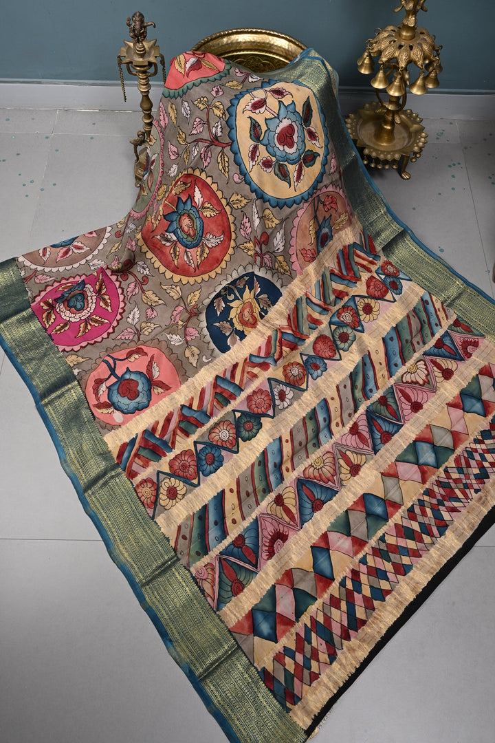 Floral Theme : Authentic Pen Kalamkari Handpainted  on Mysore Silk Saree with Contrast Zari Border | SILK MARK CERTIFIED | SHOBITAM