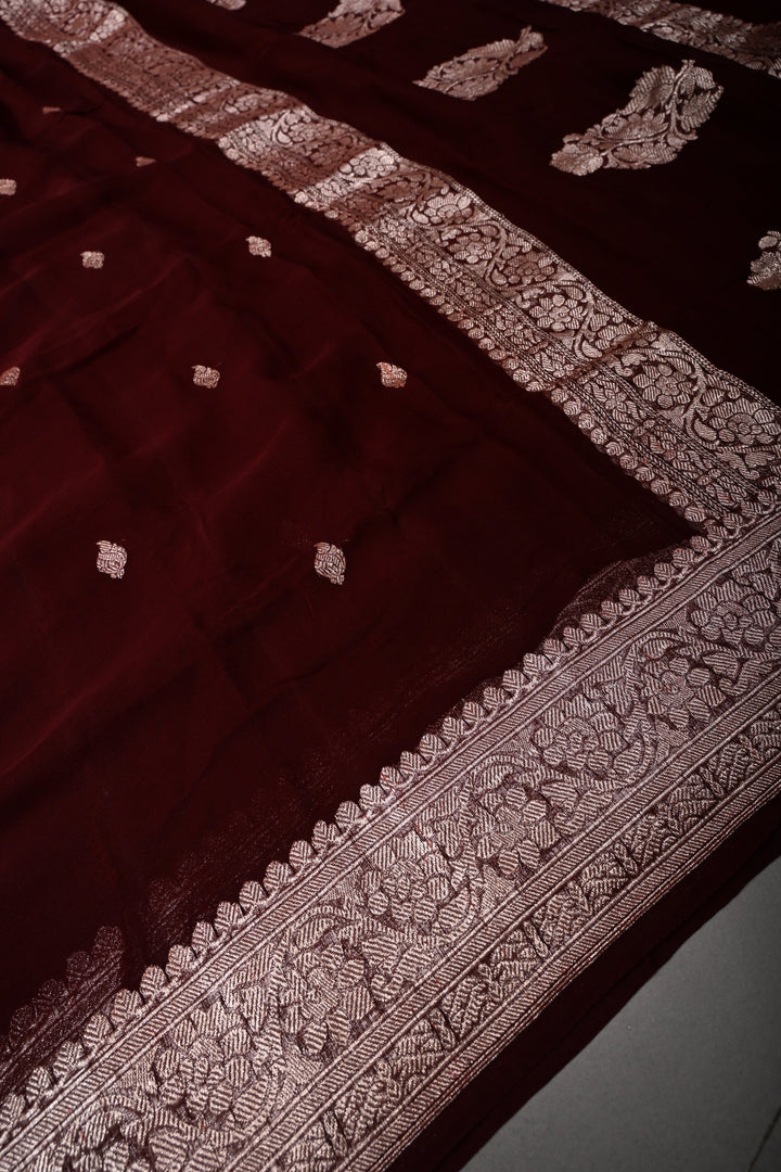 Chocolate Brown Pure Chiffon Silk Saree with Zari Buttas and Zari Border | SILK MARK CERTIFIED | SHOBITAM