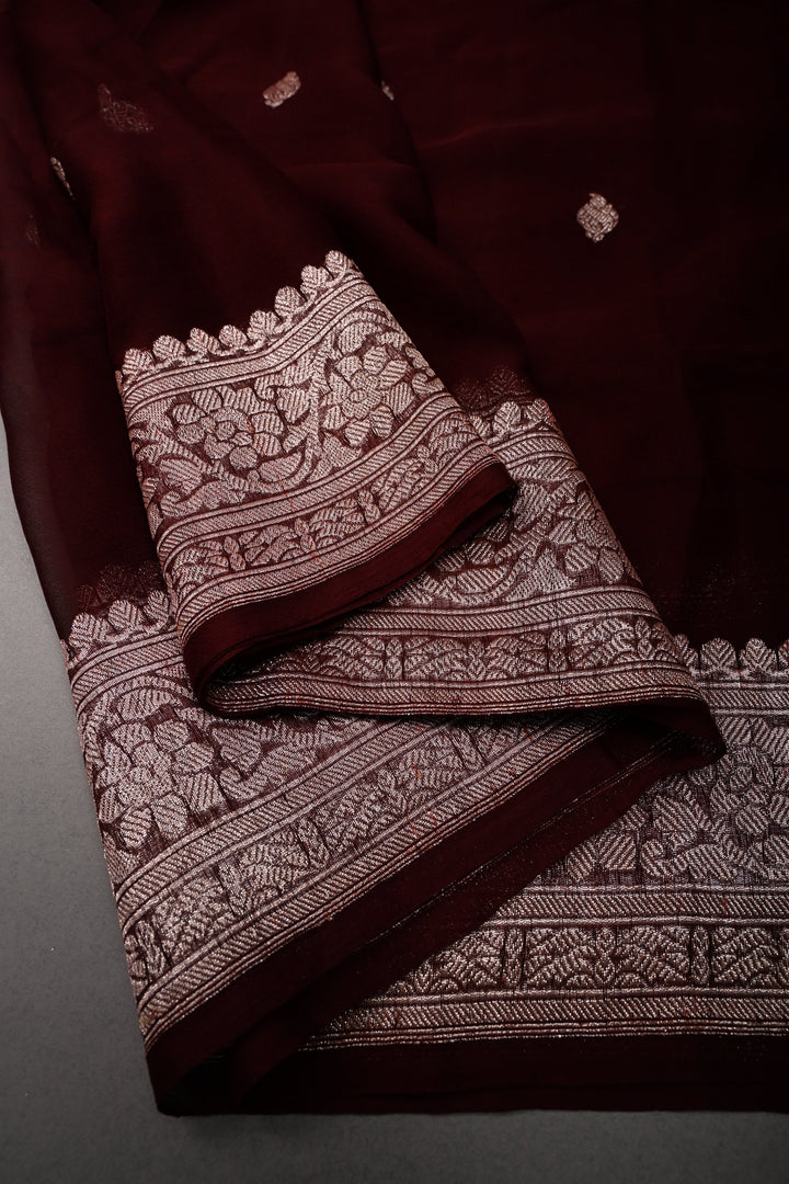 Chocolate Brown Pure Chiffon Silk Saree with Zari Buttas and Zari Border | SILK MARK CERTIFIED | SHOBITAM