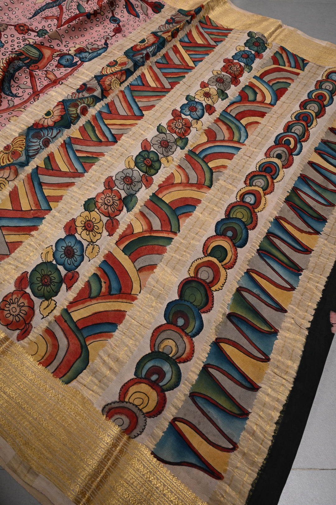 Floral and Peacock Theme : Authentic Pen Kalamkari Handpainted  on Mysore Silk Saree with Zari Border | SILK MARK CERTIFIED | SHOBITAM