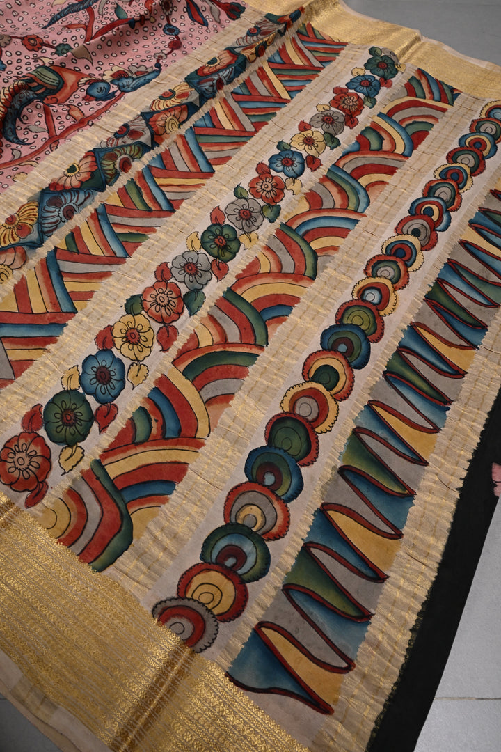 Floral and Peacock Theme : Authentic Pen Kalamkari Handpainted  on Mysore Silk Saree with Zari Border | SILK MARK CERTIFIED | SHOBITAM