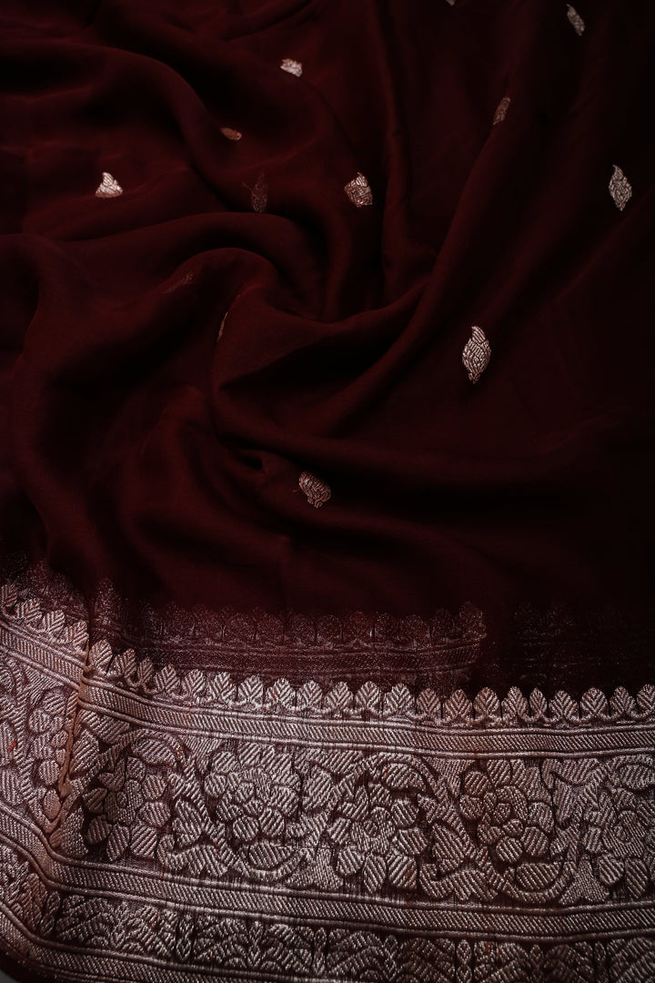 Chocolate Brown Pure Chiffon Silk Saree with Zari Buttas and Zari Border | SILK MARK CERTIFIED | SHOBITAM