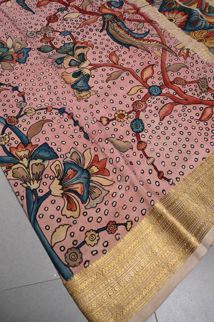 Floral and Peacock Theme : Authentic Pen Kalamkari Handpainted  on Mysore Silk Saree with Zari Border | SILK MARK CERTIFIED | SHOBITAM