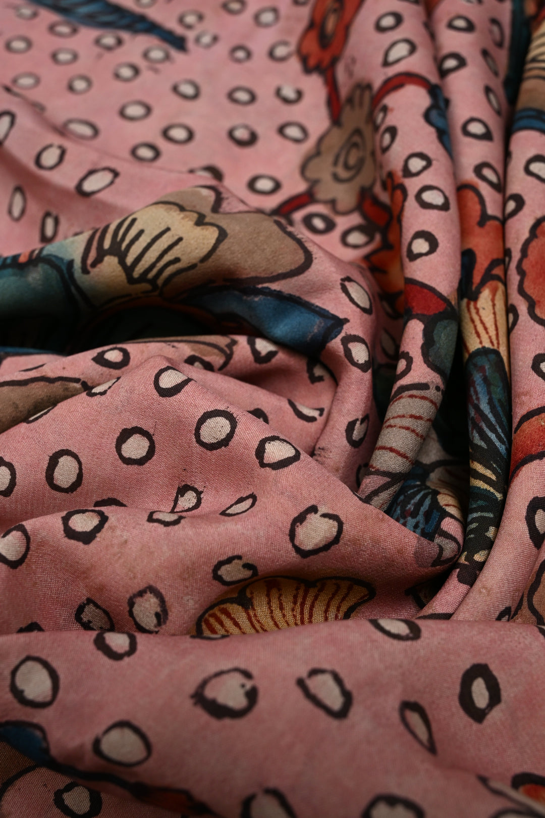 Floral and Peacock Theme : Authentic Pen Kalamkari Handpainted  on Mysore Silk Saree with Zari Border | SILK MARK CERTIFIED | SHOBITAM