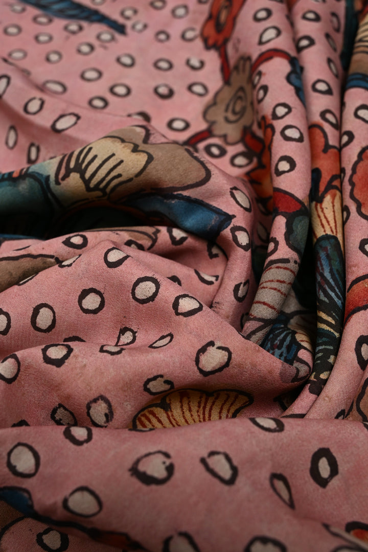 Floral and Peacock Theme : Authentic Pen Kalamkari Handpainted  on Mysore Silk Saree with Zari Border | SILK MARK CERTIFIED | SHOBITAM