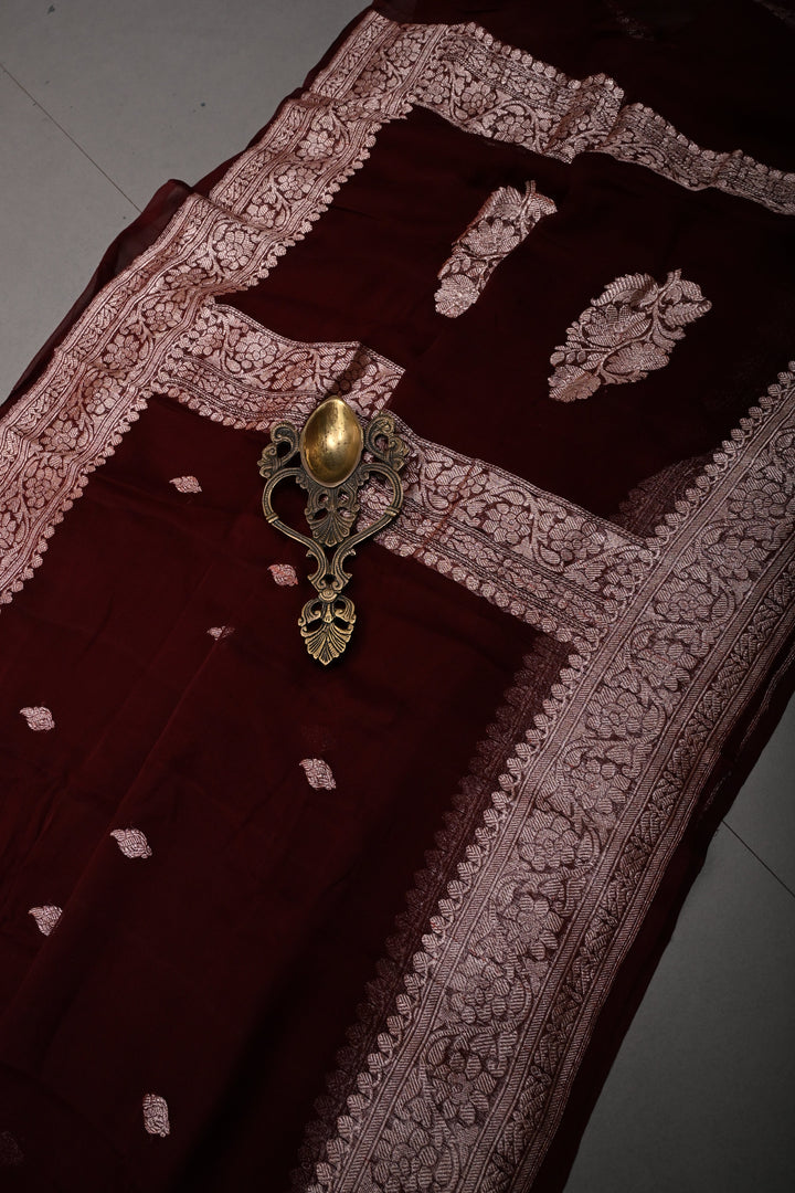 Chocolate Brown Pure Chiffon Silk Saree with Zari Buttas and Zari Border | SILK MARK CERTIFIED | SHOBITAM