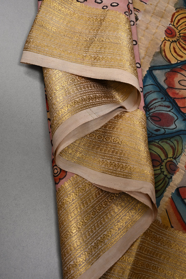 Floral and Peacock Theme : Authentic Pen Kalamkari Handpainted  on Mysore Silk Saree with Zari Border | SILK MARK CERTIFIED | SHOBITAM
