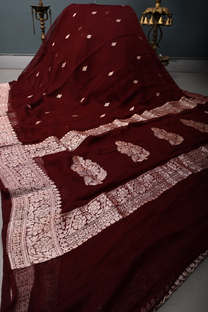 Chocolate Brown Pure Chiffon Silk Saree with Zari Buttas and Zari Border | SILK MARK CERTIFIED | SHOBITAM