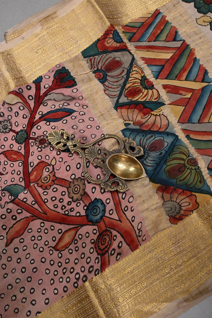 Floral and Peacock Theme : Authentic Pen Kalamkari Handpainted  on Mysore Silk Saree with Zari Border | SILK MARK CERTIFIED | SHOBITAM