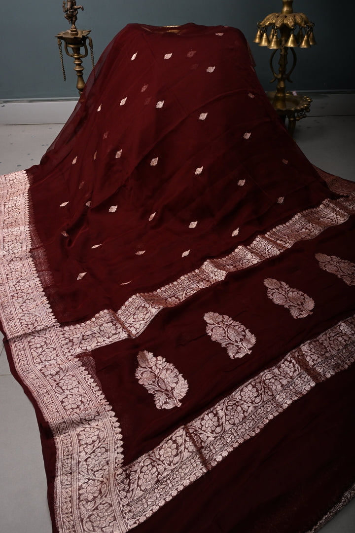 Chocolate Brown Pure Chiffon Silk Saree with Zari Buttas and Zari Border | SILK MARK CERTIFIED | SHOBITAM