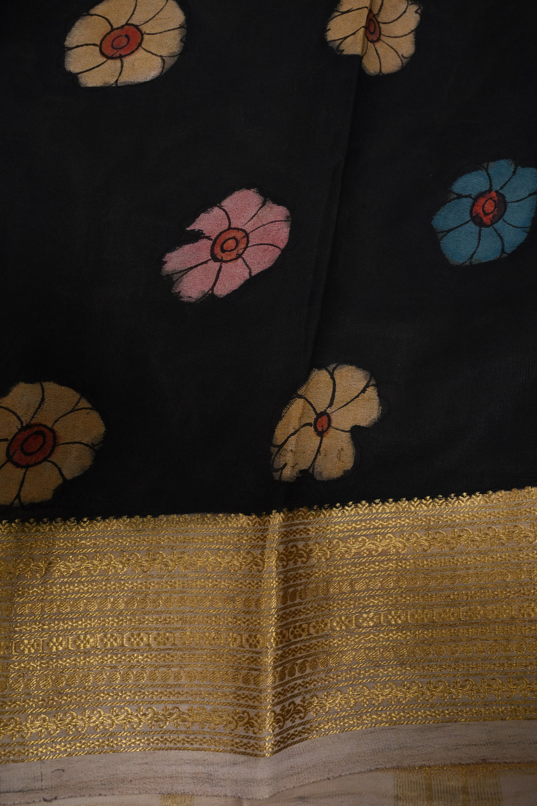 Floral and Peacock Theme : Authentic Pen Kalamkari Handpainted  on Mysore Silk Saree with Zari Border | SILK MARK CERTIFIED | SHOBITAM