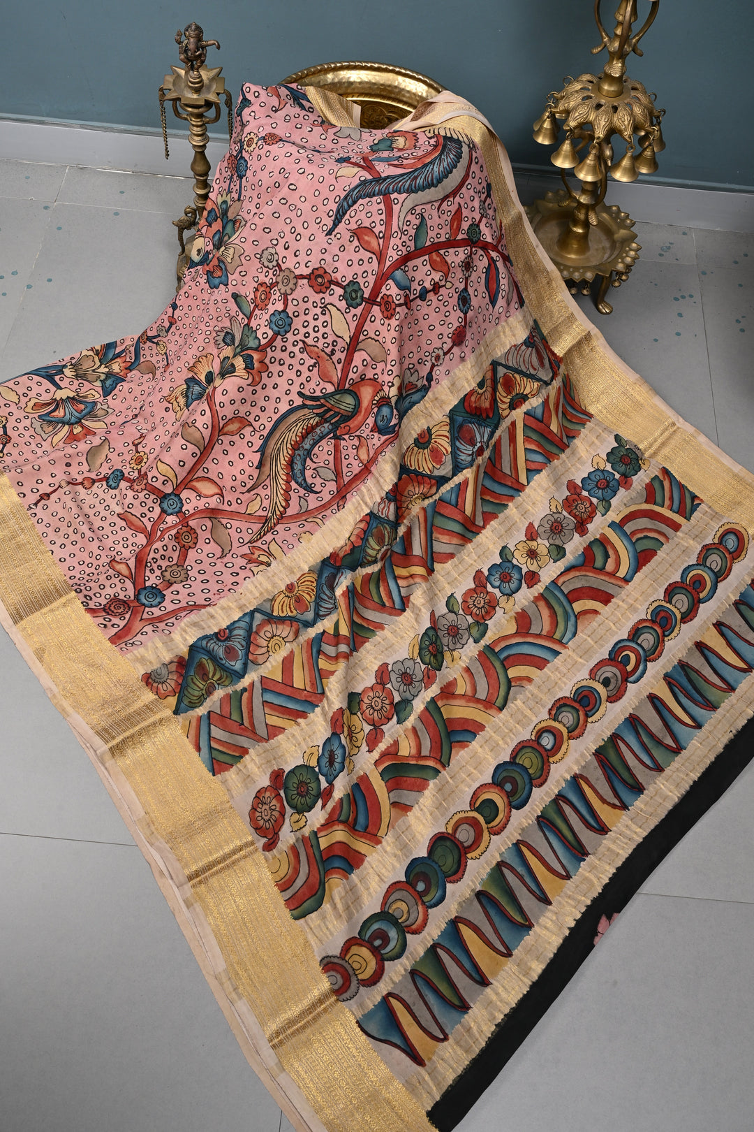 Floral and Peacock Theme : Authentic Pen Kalamkari Handpainted  on Mysore Silk Saree with Zari Border | SILK MARK CERTIFIED | SHOBITAM