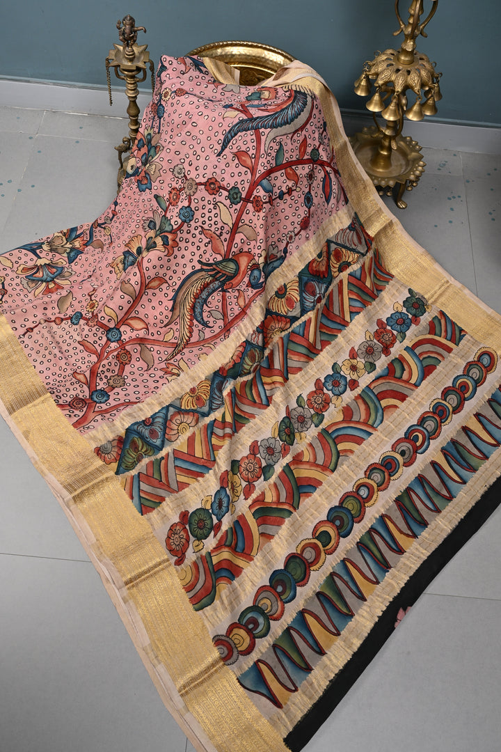 Floral and Peacock Theme : Authentic Pen Kalamkari Handpainted  on Mysore Silk Saree with Zari Border | SILK MARK CERTIFIED | SHOBITAM
