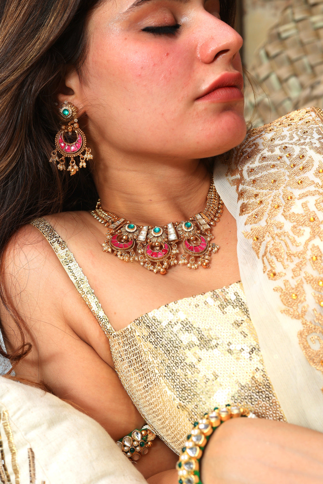 Arpan Temple necklace-Fuschia-set | SHOBITAM