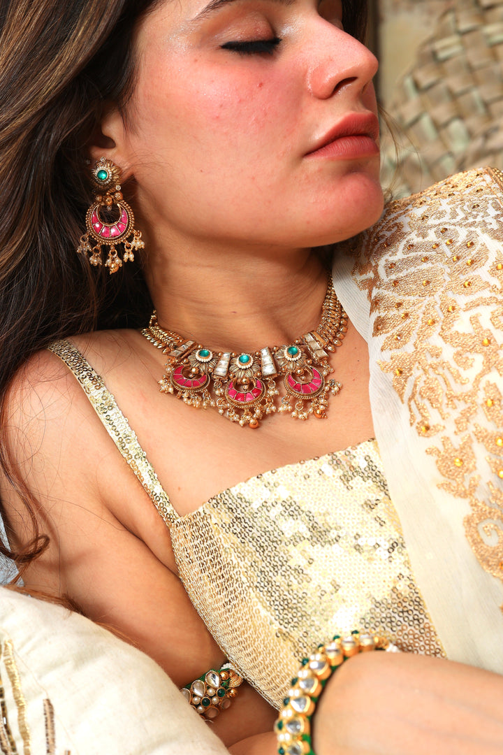 Arpan Temple necklace-Fuschia-set | SHOBITAM
