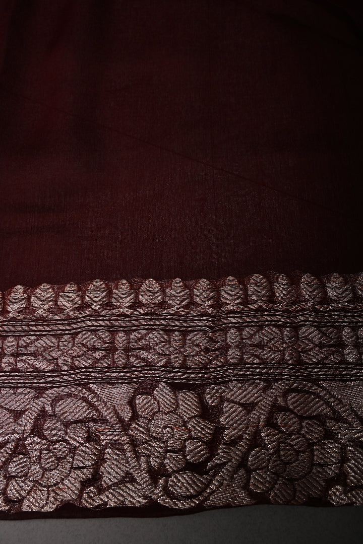 Chocolate Brown Pure Chiffon Silk Saree with Zari Buttas and Zari Border | SILK MARK CERTIFIED | SHOBITAM