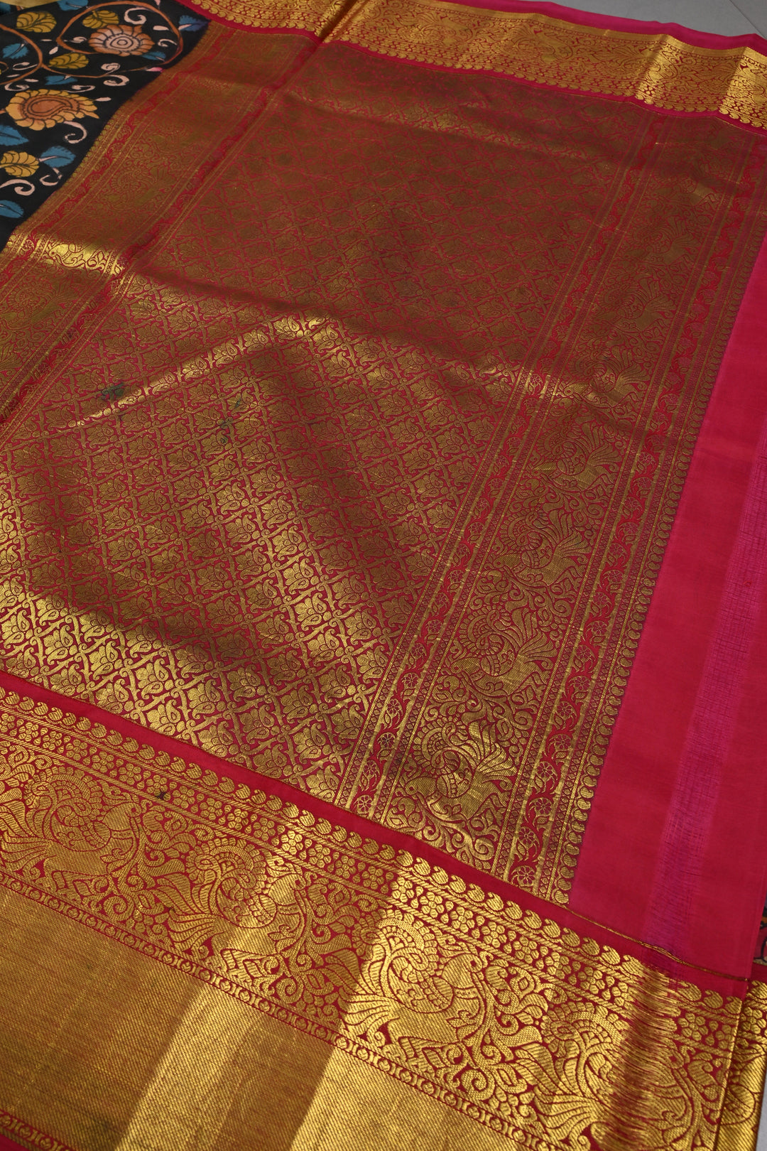 Floral and Peacock Theme : Black Authentic Pen Kalamkari Handpainted on Pure Kanjivaram Silk Saree with Contrast Zari Border | SILK MARK CERTIFIED | SHOBITAM