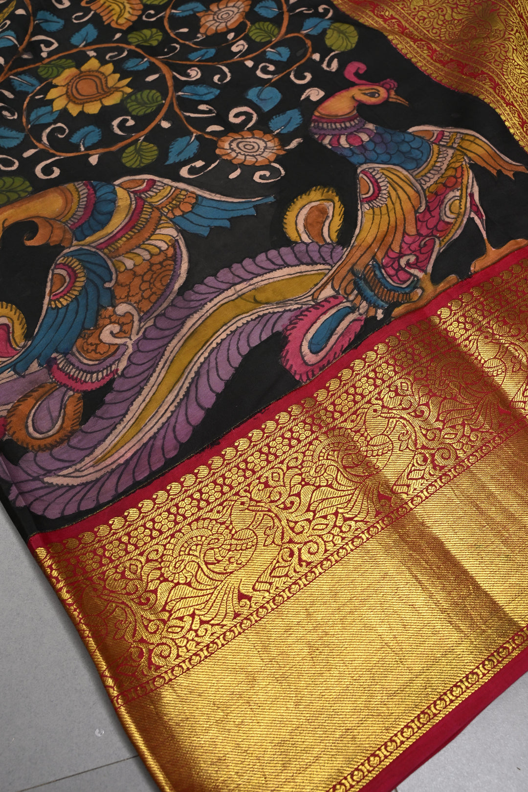 Floral and Peacock Theme : Black Authentic Pen Kalamkari Handpainted on Pure Kanjivaram Silk Saree with Contrast Zari Border | SILK MARK CERTIFIED | SHOBITAM