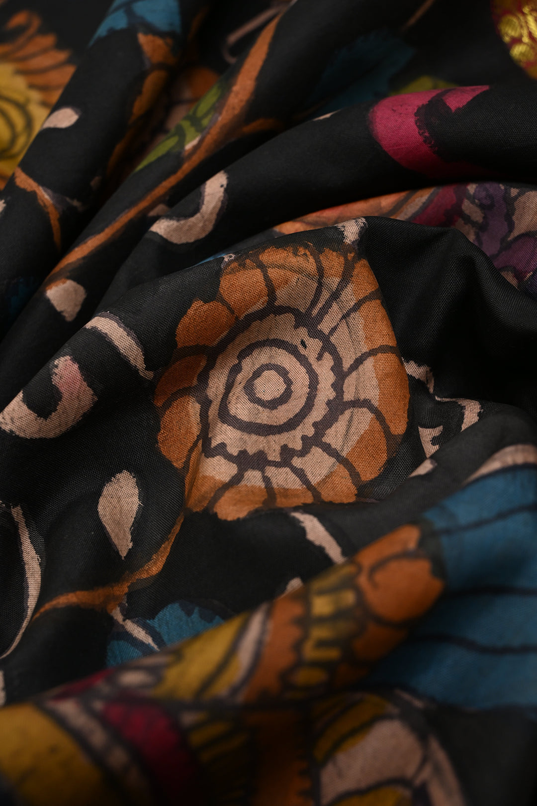 Floral and Peacock Theme : Black Authentic Pen Kalamkari Handpainted on Pure Kanjivaram Silk Saree with Contrast Zari Border | SILK MARK CERTIFIED | SHOBITAM
