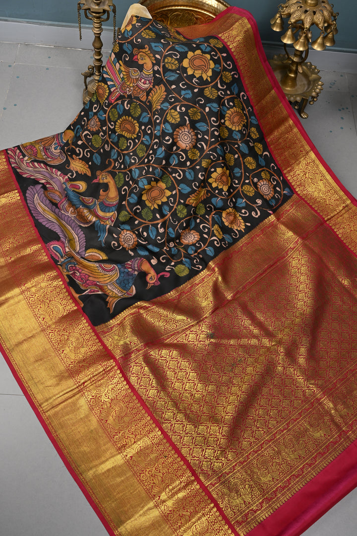 Floral and Peacock Theme : Black Authentic Pen Kalamkari Handpainted on Pure Kanjivaram Silk Saree with Contrast Zari Border | SILK MARK CERTIFIED | SHOBITAM