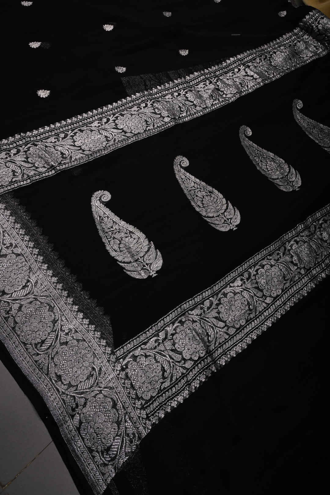 Black Pure Chiffon Silk Saree with Silver Tone Zari Buttas and Zari Border | SILK MARK CERTIFIED | SHOBITAM