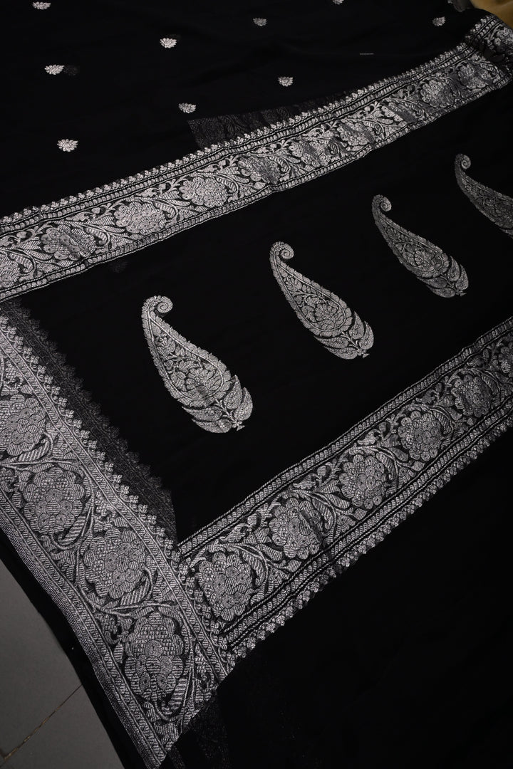 Black Pure Chiffon Silk Saree with Silver Tone Zari Buttas and Zari Border | SILK MARK CERTIFIED | SHOBITAM