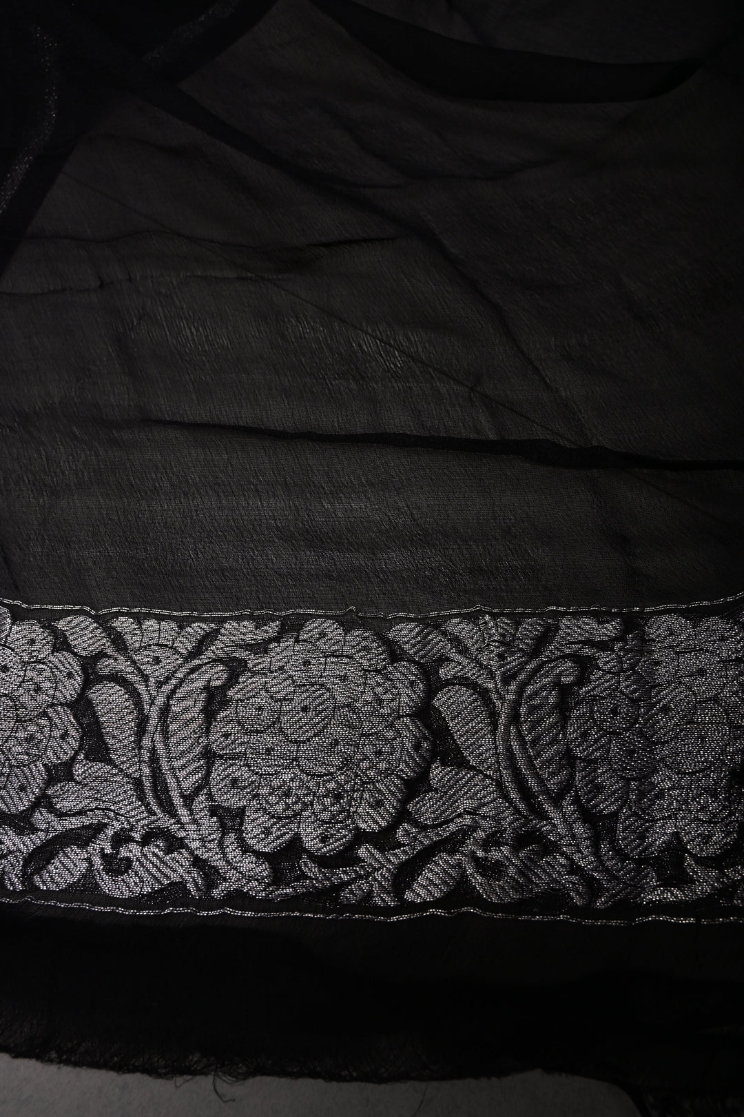Black Pure Chiffon Silk Saree with Silver Tone Zari Buttas and Zari Border | SILK MARK CERTIFIED | SHOBITAM