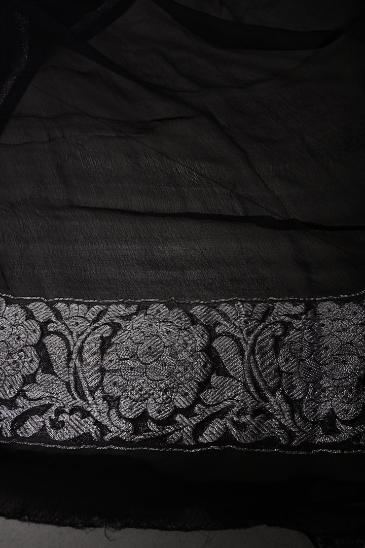 Black Pure Chiffon Silk Saree with Silver Tone Zari Buttas and Zari Border | SILK MARK CERTIFIED | SHOBITAM