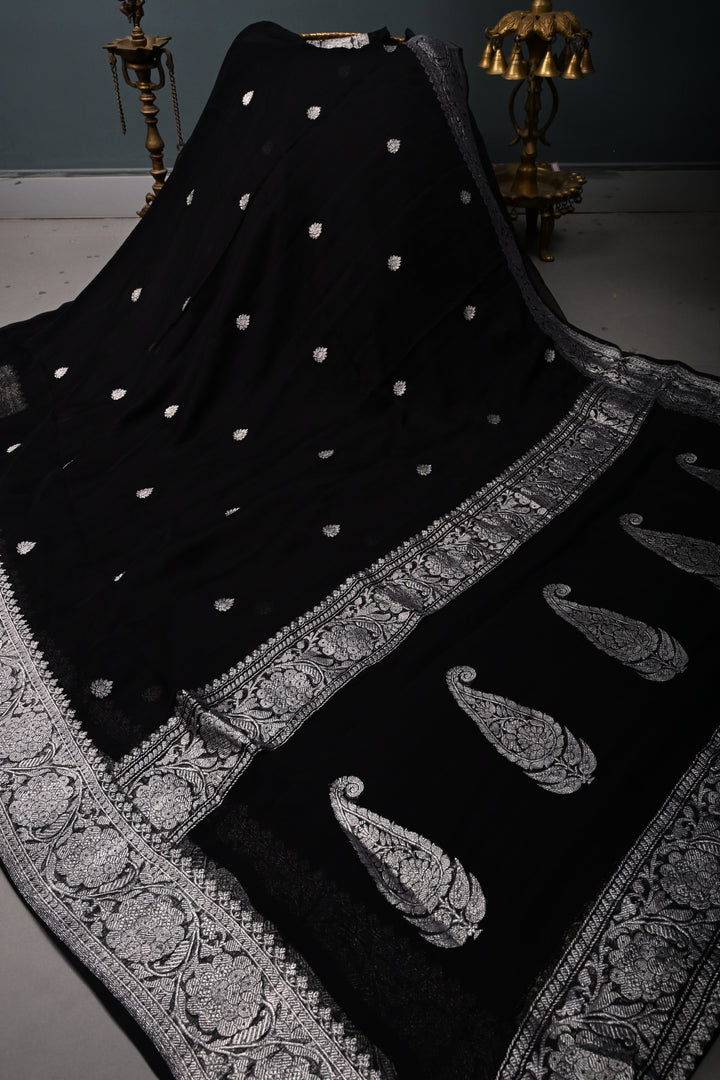 Black Pure Chiffon Silk Saree with Silver Tone Zari Buttas and Zari Border | SILK MARK CERTIFIED | SHOBITAM