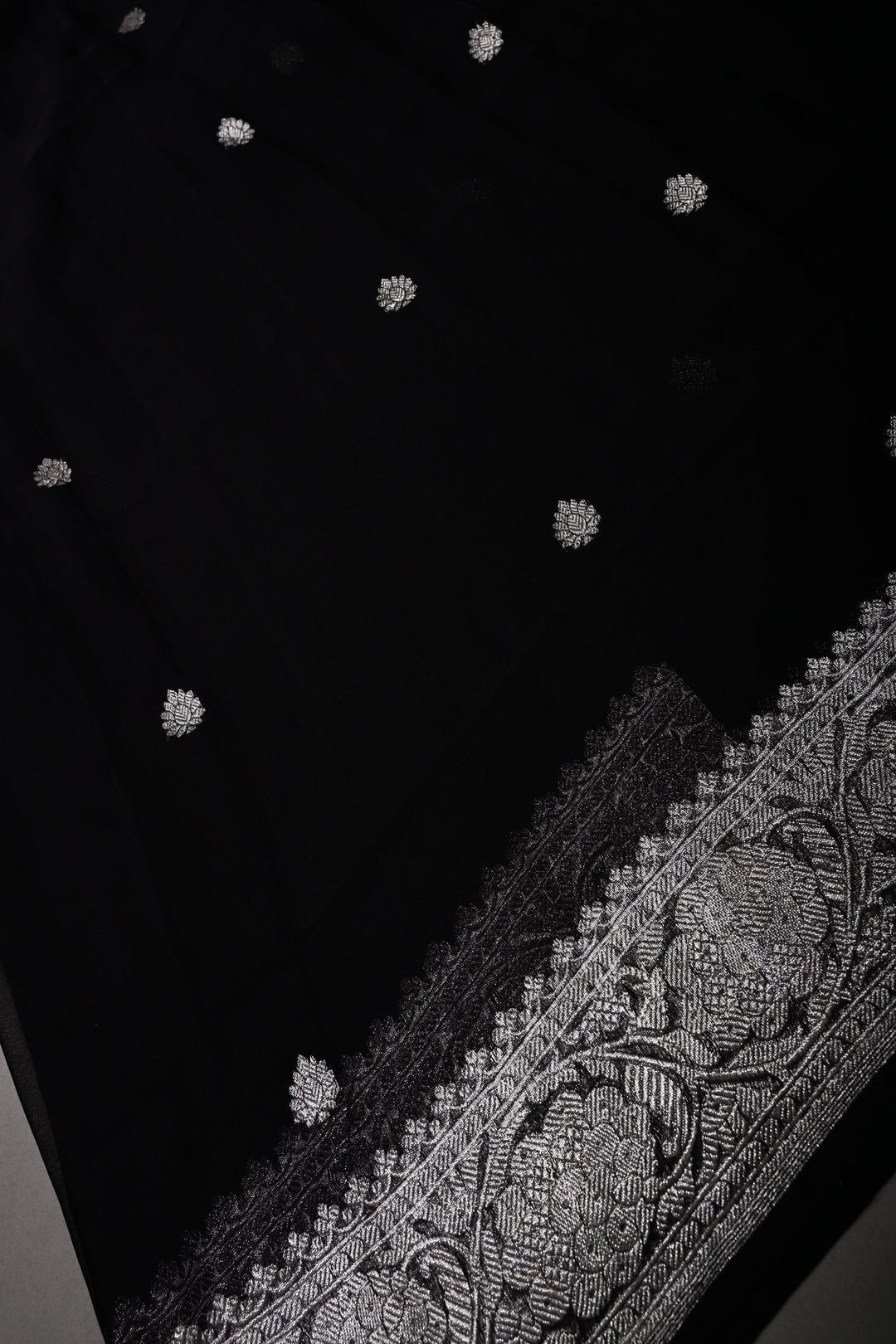 Black Pure Chiffon Silk Saree with Silver Tone Zari Buttas and Zari Border | SILK MARK CERTIFIED | SHOBITAM