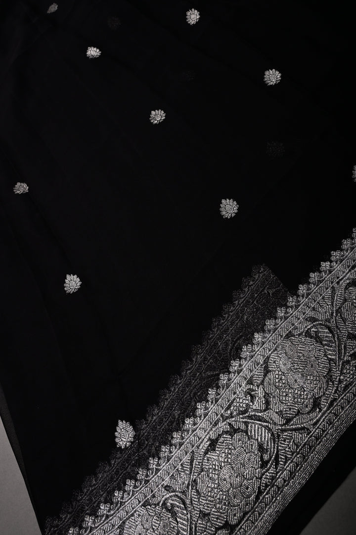 Black Pure Chiffon Silk Saree with Silver Tone Zari Buttas and Zari Border | SILK MARK CERTIFIED | SHOBITAM