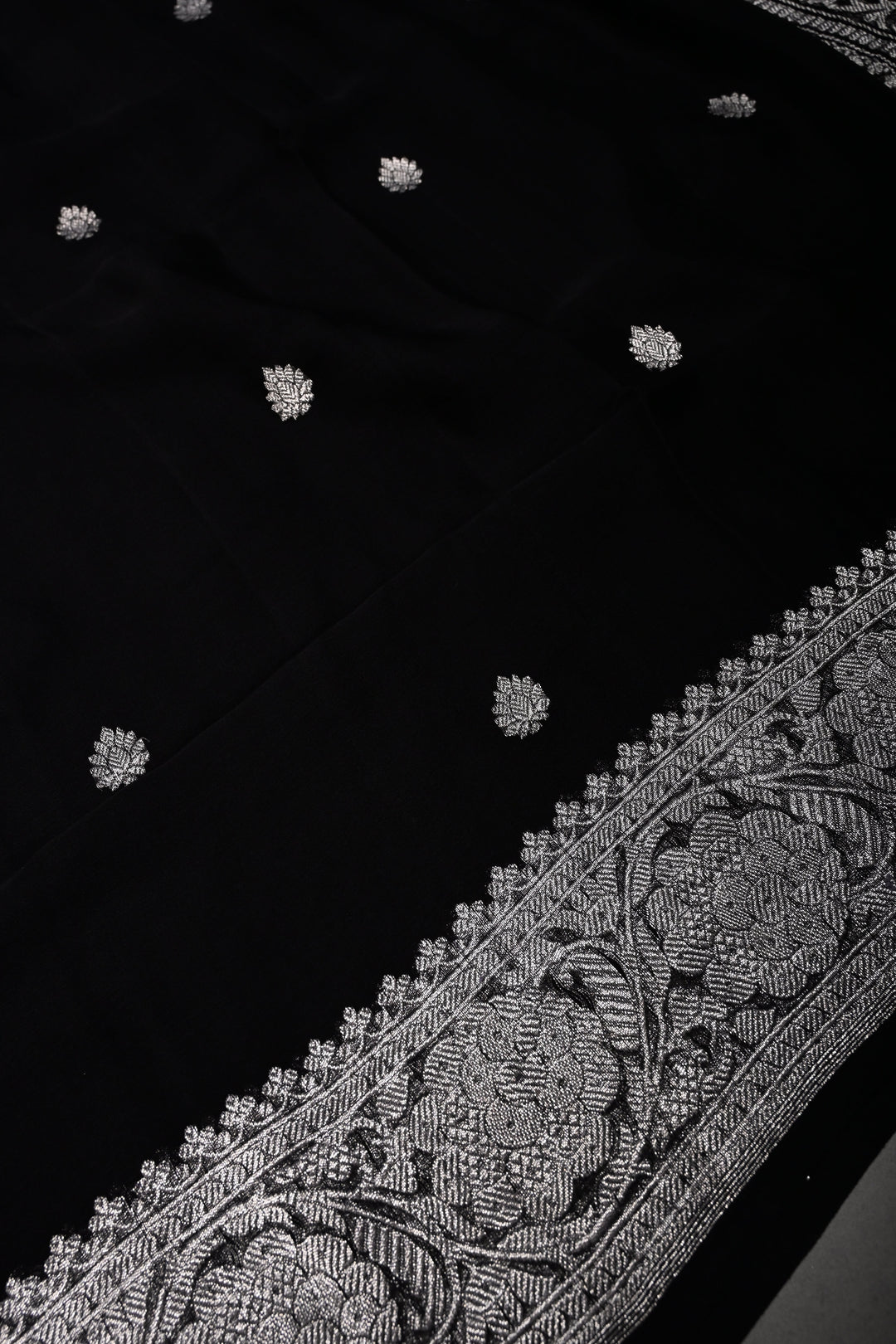 Black Pure Chiffon Silk Saree with Silver Tone Zari Buttas and Zari Border | SILK MARK CERTIFIED | SHOBITAM