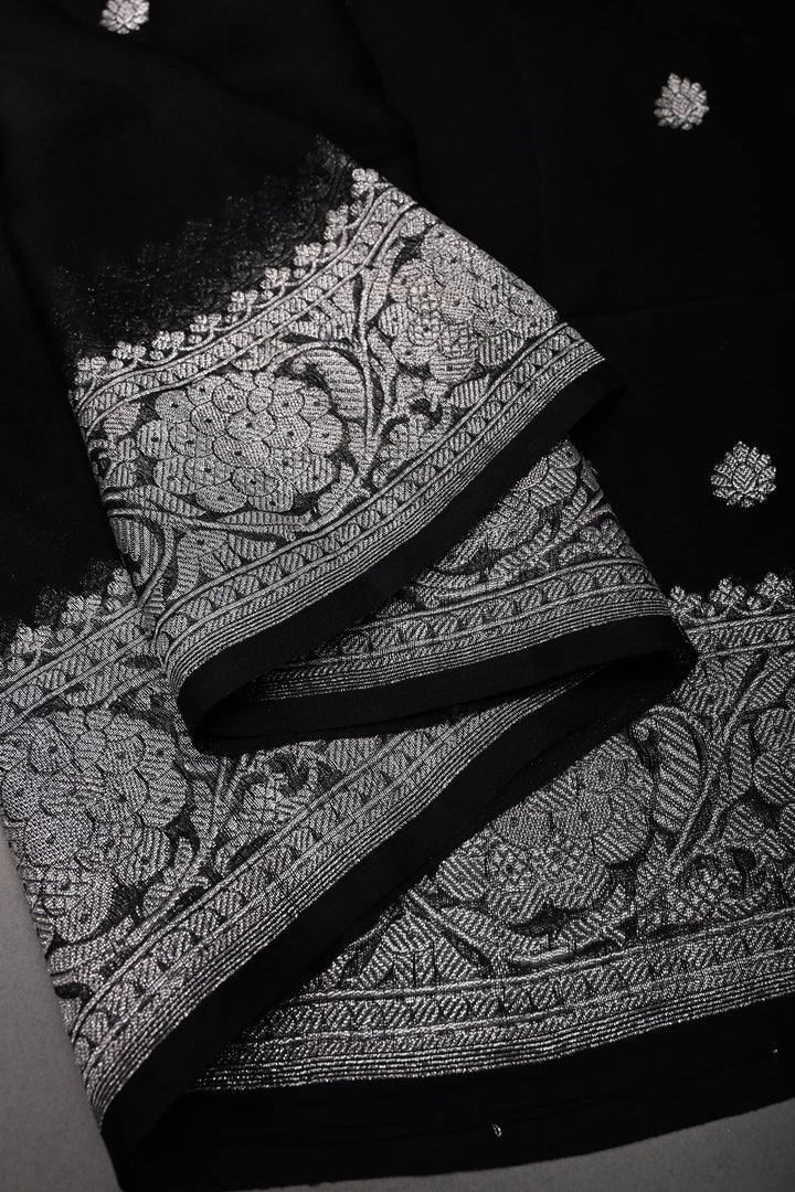 Black Pure Chiffon Silk Saree with Silver Tone Zari Buttas and Zari Border | SILK MARK CERTIFIED | SHOBITAM